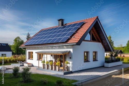New suburban house with a photovoltaic system. Solar panel system on the roof.  © Denis
