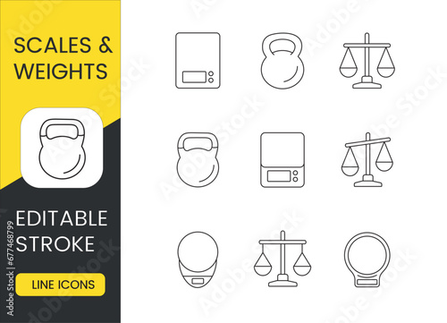 Scales and weights set of vector line icons for food packaging, editable stroke