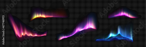 Aurora borealis set isolated on transparent background. Vector realistic illustration of polar light effects with purple, pink, yellow, blue color gradient glowing in dark sky, north pole nature