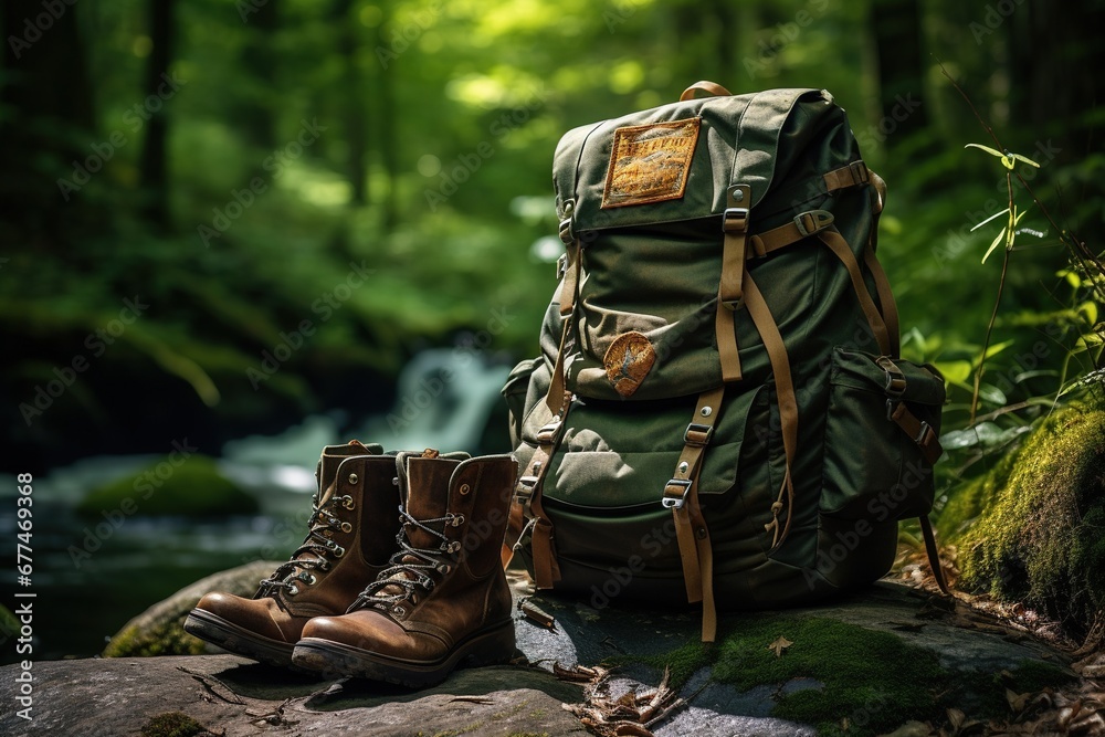 Hiking boots and backpack in the forest. Travel and adventure concept Hiking boots and backpack in the forest. Travel and adventure concept