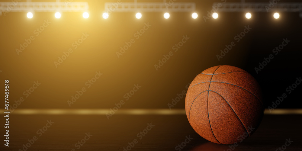 Basketball ball on wooden floor and sport arena with tribunes and lights in blurred background