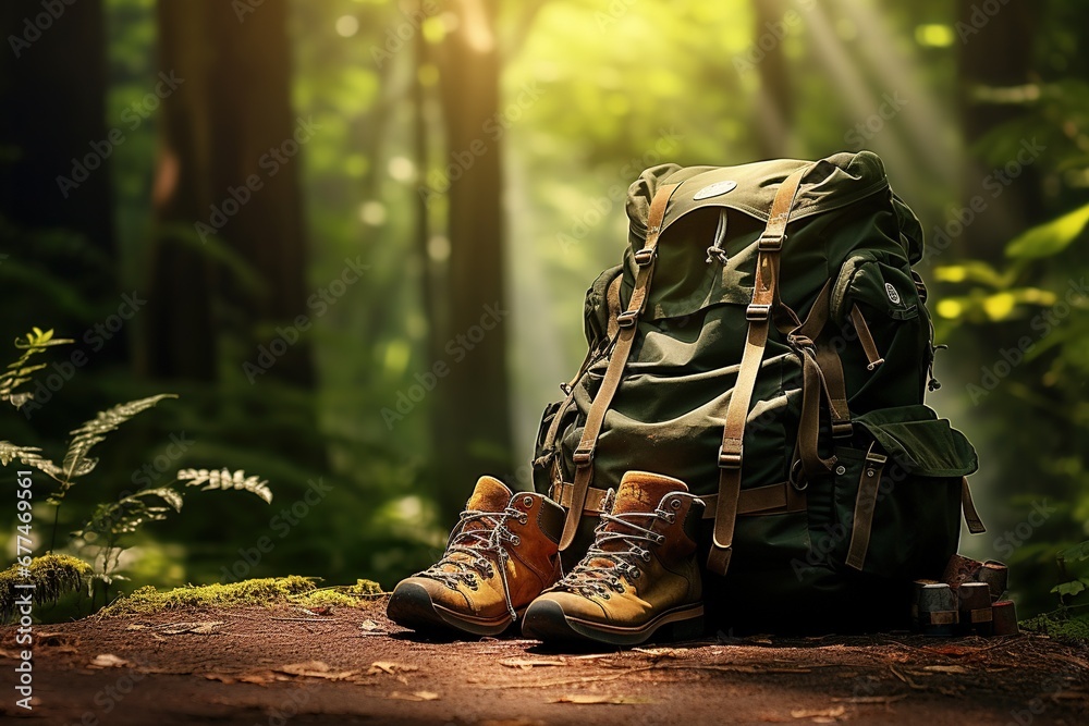 Hiking boots and backpack in the forest. Travel and adventure concept