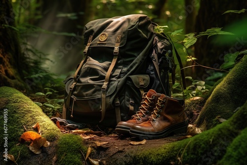 Hiking boots and backpack in the forest. Travel and adventure concept