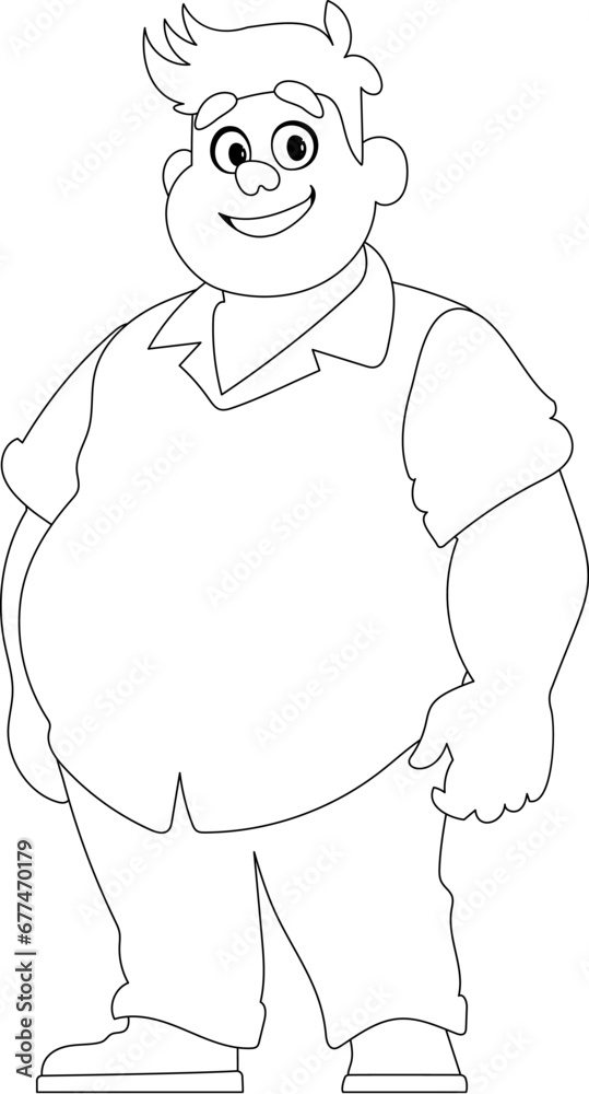 Black and white line art, Fat man posing and smiling. Overweight guy is ...