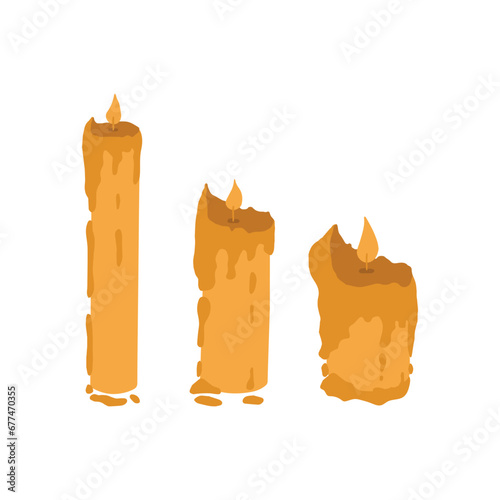 A set of burning candles on a white background. Candles with melting wax, flame and a halo of light. Vector Christmas illustration