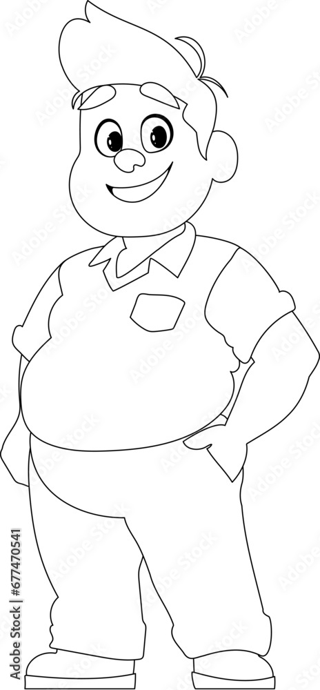 Fototapeta premium Black and white line art, Fat man posing and smiling. Overweight guy is cute, body positivity theme. Coloring style