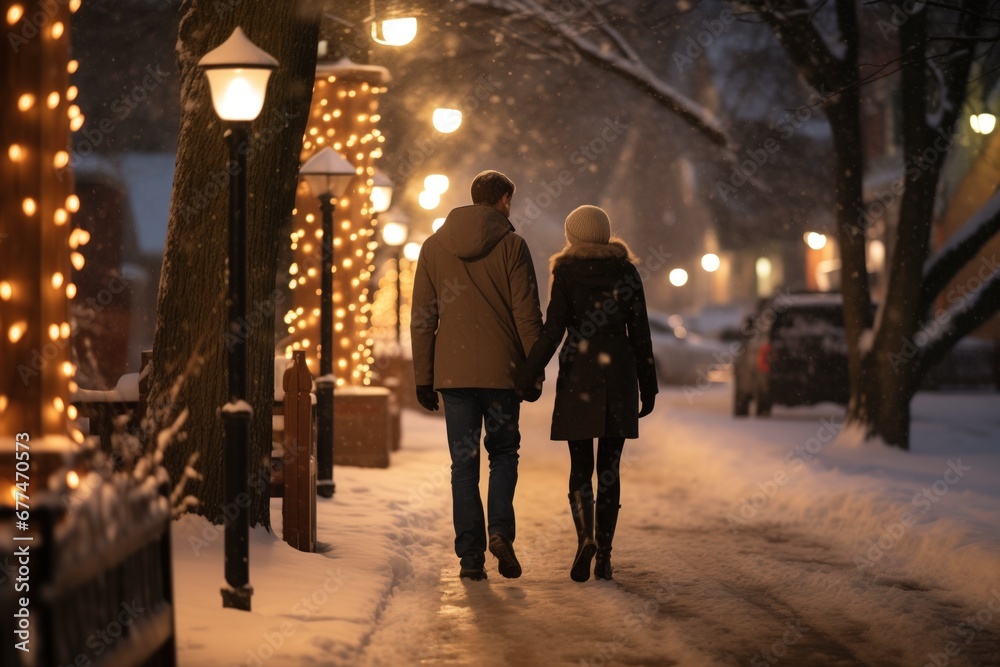 A couple, on a romantic walk at night,  is seen from behind, walking down a snow-laden sidewalk at dusk, with the path lit by the warm light of street lamps and festive decorations