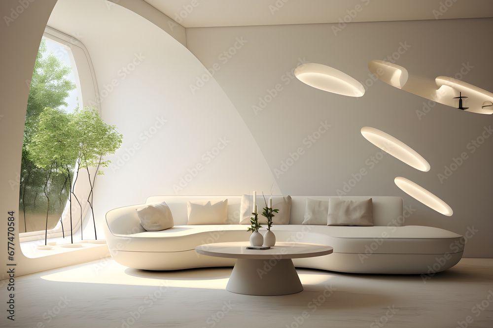 White living room interior modern with sofa and armchair, shelf with art decoration, carpet on hardwood floor. Sunlight shines in front of window. Panoramic window on tropics. Mockup copy space wall. White living room interior modern with sofa and armchair, shelf with art decoration, carpet on hardwood floor. Sunlight shines in front of window. Panoramic window on tropics. Mockup copy space wall.