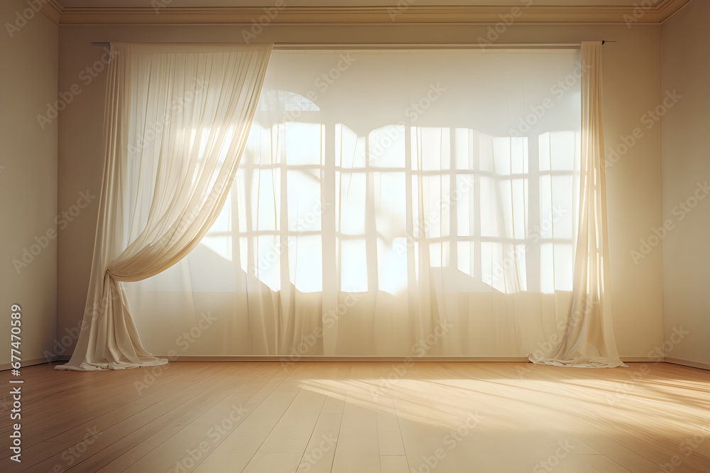 Fototapeta premium Backlit window with white, cream curtains in empty room clean. Sunlight shines evening through window and inside there are shadows light orange. Modern room decoration. Background Abstract Texture.