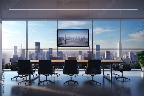High level meeting of executive room is decorated with stylish table, chair with monitor to report. On high rise building with glass window city. Conference room is ready for next level of executive.