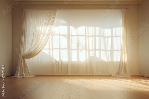 Backlit window with white  cream curtains in empty room clean. Sunlight shines evening through window and inside there are shadows light orange. Modern room decoration. Background Abstract Texture.