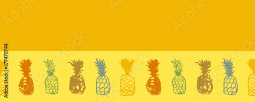 Beautiful banner and label template with pineapple border. Vector pineapples seamless pattern. Crayon pineapple drawings in naive hand-drawn style. Tropical frame with ananas borderline.