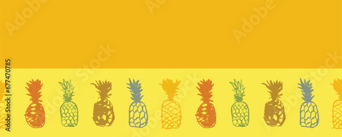 Beautiful banner and label template with pineapple border. Vector pineapples seamless pattern. Crayon pineapple drawings in naive hand-drawn style. Tropical frame with ananas borderline.