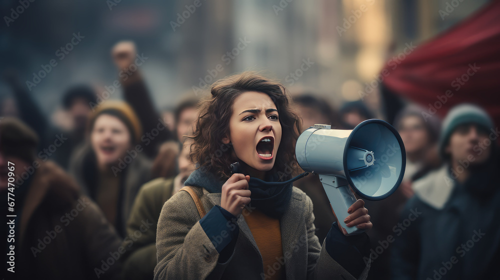 Female activist shout into a megaphone surrounded by a crowd of people protesters during a popular rally. Public opinion and disapproval, demonstration, protest. Female activist shout into a megaphone surrounded by a crowd of people protesters during a popular rally. Public opinion and disapproval, demonstration, protest.