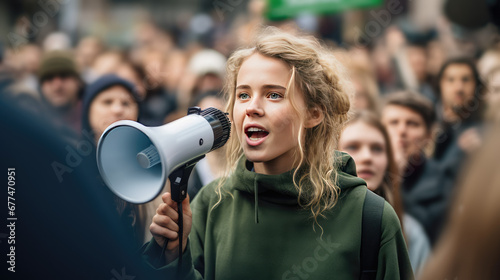Female activist shout into a megaphone surrounded by a crowd of people protesters during a popular rally. Public opinion and disapproval, demonstration, protest.  photo