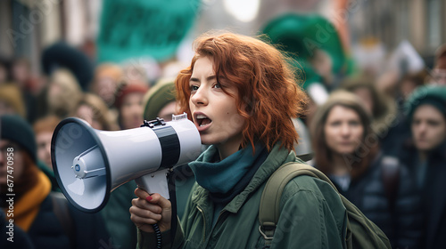 Female activist shout into a megaphone surrounded by a crowd of people protesters during a popular rally. Public opinion and disapproval, demonstration, protest.  photo