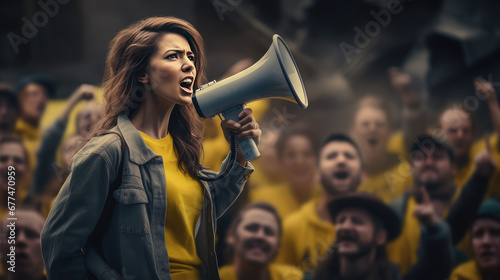 Female activist shout into a megaphone surrounded by a crowd of people protesters during a popular rally. Public opinion and disapproval, demonstration, protest.
