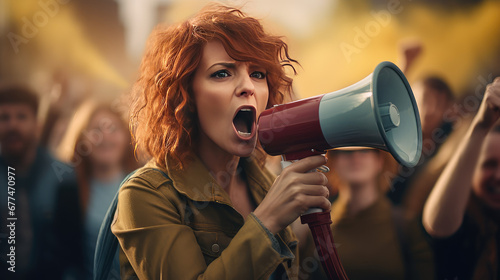 Female activist shout into a megaphone surrounded by a crowd of people protesters during a popular rally. Public opinion and disapproval  demonstration  protest. 