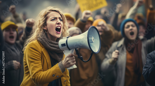 Female activist shout into a megaphone surrounded by a crowd of people protesters during a popular rally. Public opinion and disapproval, demonstration, protest.