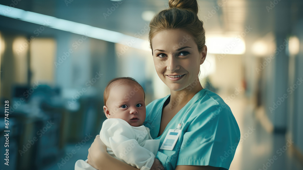 Newborn baby is held in the arms of a happy mother, doctor or nurse midwife. Woman holding a baby in hospital, motherhood, midwifery. Newborn baby is held in the arms of a happy mother, doctor or nurse midwife. Woman holding a baby in hospital, motherhood, midwifery.