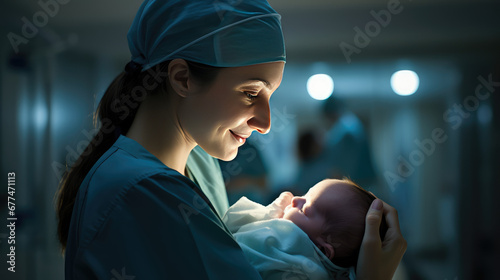 Newborn baby is held in the arms of a happy mother, doctor or nurse midwife. Woman holding a baby in hospital, motherhood, midwifery. photo