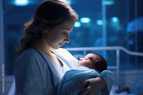Newborn baby is held in the arms of a happy mother, doctor or nurse midwife. Woman holding a baby in hospital, motherhood, midwifery.
