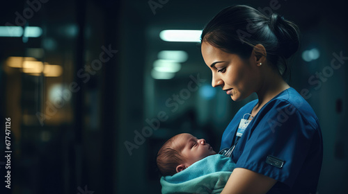 Newborn baby is held in the arms of a happy mother, doctor or nurse midwife. Woman holding a baby in hospital, motherhood, midwifery.