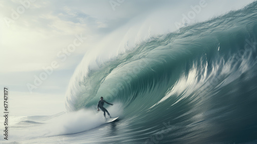 Surfer float on a surfboard on a huge ocean wave. Summer water activities, surfing, sports travel, outdoor activities. 