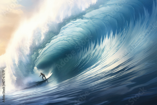 Surfer float on a surfboard on a huge ocean wave. Summer water activities, surfing, sports travel, outdoor activities.  © IndigoElf