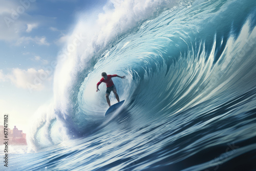 Surfer float on a surfboard on a huge ocean wave. Summer water activities, surfing, sports travel, outdoor activities. 
