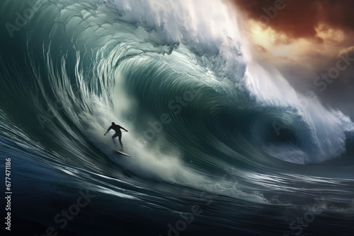 Surfer float on a surfboard on a huge ocean wave. Summer water activities, surfing, sports travel, outdoor activities.  © IndigoElf