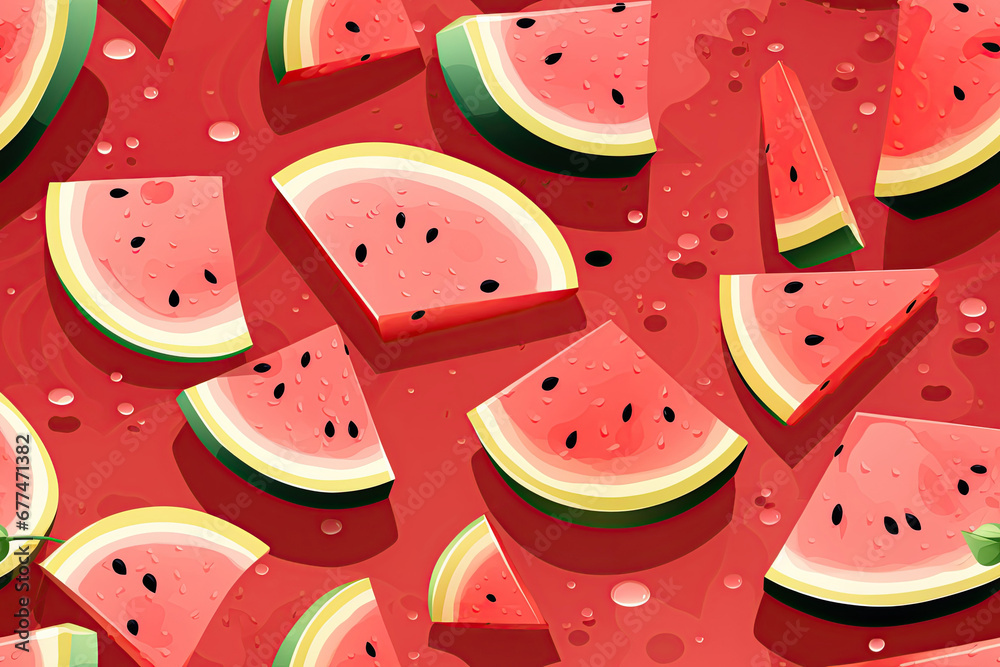 seamless pattern with juicy ripe watermelon slices on red background