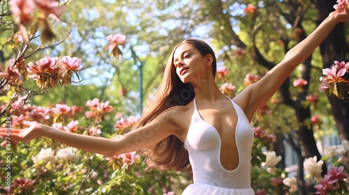 Young woman ballerina in a classic white dance dress dances in summer green garden surrounded by blooming flowers. Creative concept of dance studio school for adults, creativity, freedom, feminity.