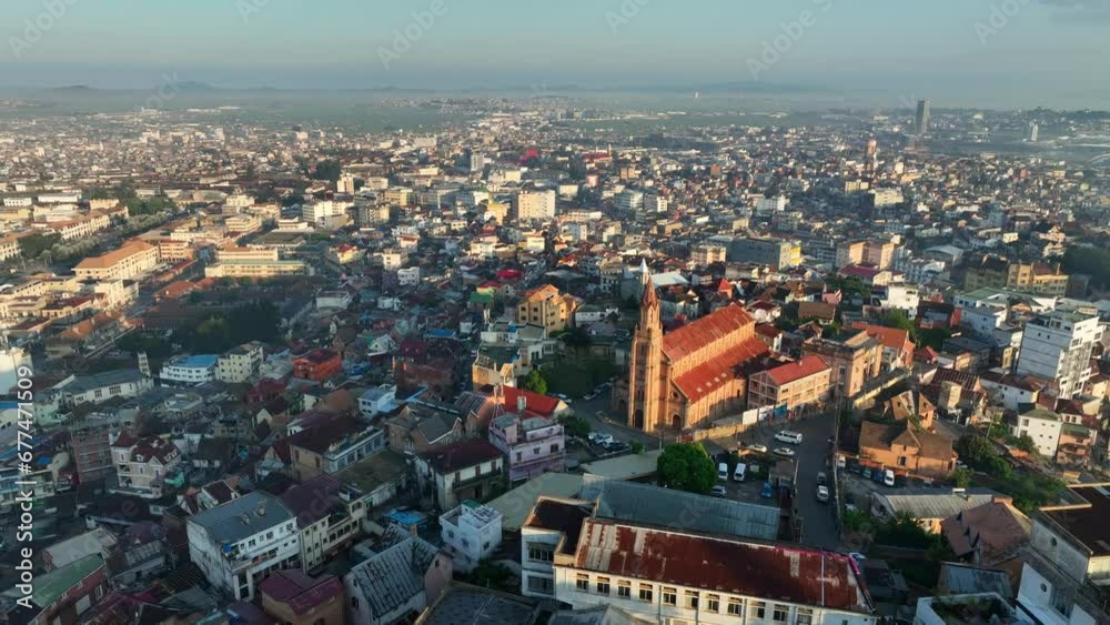Static wide aerial shot of EKAR Faravohitra Church (Eglise Catholique Faravohitra) in Antananarivo, Madagascar. Static wide aerial shot of EKAR Faravohitra Church (Eglise Catholique Faravohitra) in Antananarivo, Madagascar.
