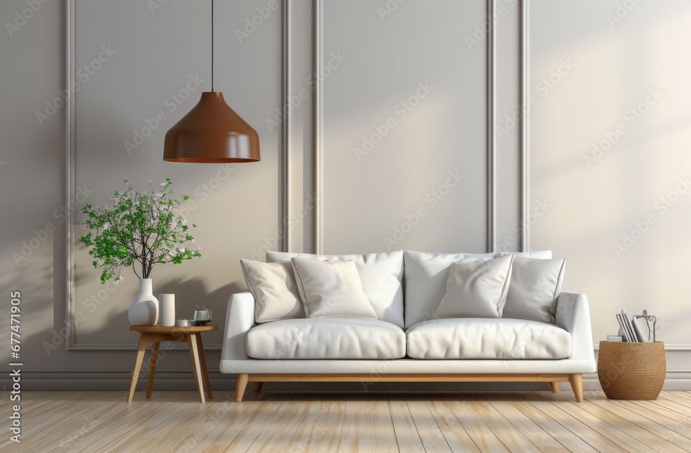 Fototapeta premium Chic Minimalist Living Room with Modern White Sofa and Elegant Decor