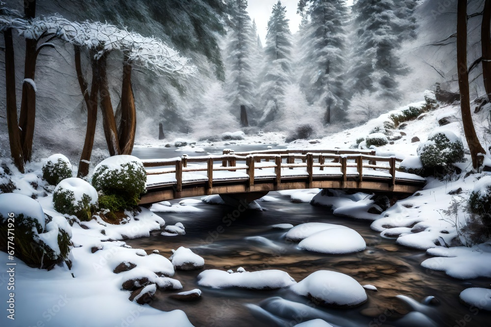 A snow-draped wooden bridge crossing over a tranquil stream A snow-draped wooden bridge crossing over a tranquil stream