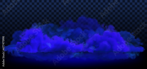 Vector blue smoke on ground backdrop. Purple clouds on black background, banner template with copy space. Halloween illustration