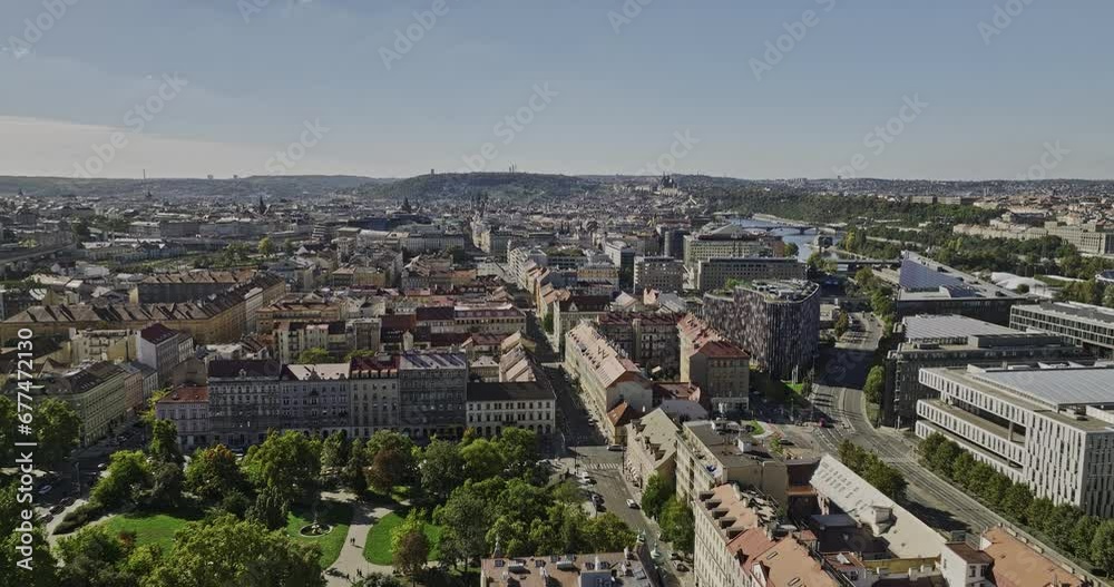 Prague Czechia Aerial v55 flyover Karlin towards Petrska Ctvrt along Sokolovska street capturing urban cityscape with a mix of historical and modern buildings - Shot with Mavic 3 Cine - November 2022 Prague Czechia Aerial v55 flyover Karlin towards Petrska Ctvrt along Sokolovska street capturing urban cityscape with a mix of historical and modern buildings - Shot with Mavic 3 Cine - November 2022
