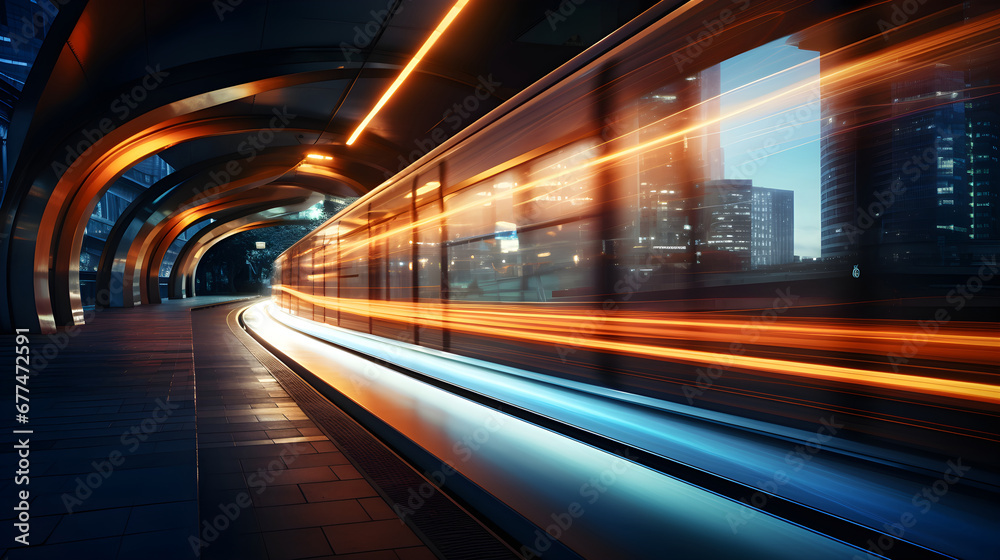 Vibrant light streaks from a fast-moving night train at a contemporary urban railway station Vibrant light streaks from a fast-moving night train at a contemporary urban railway station