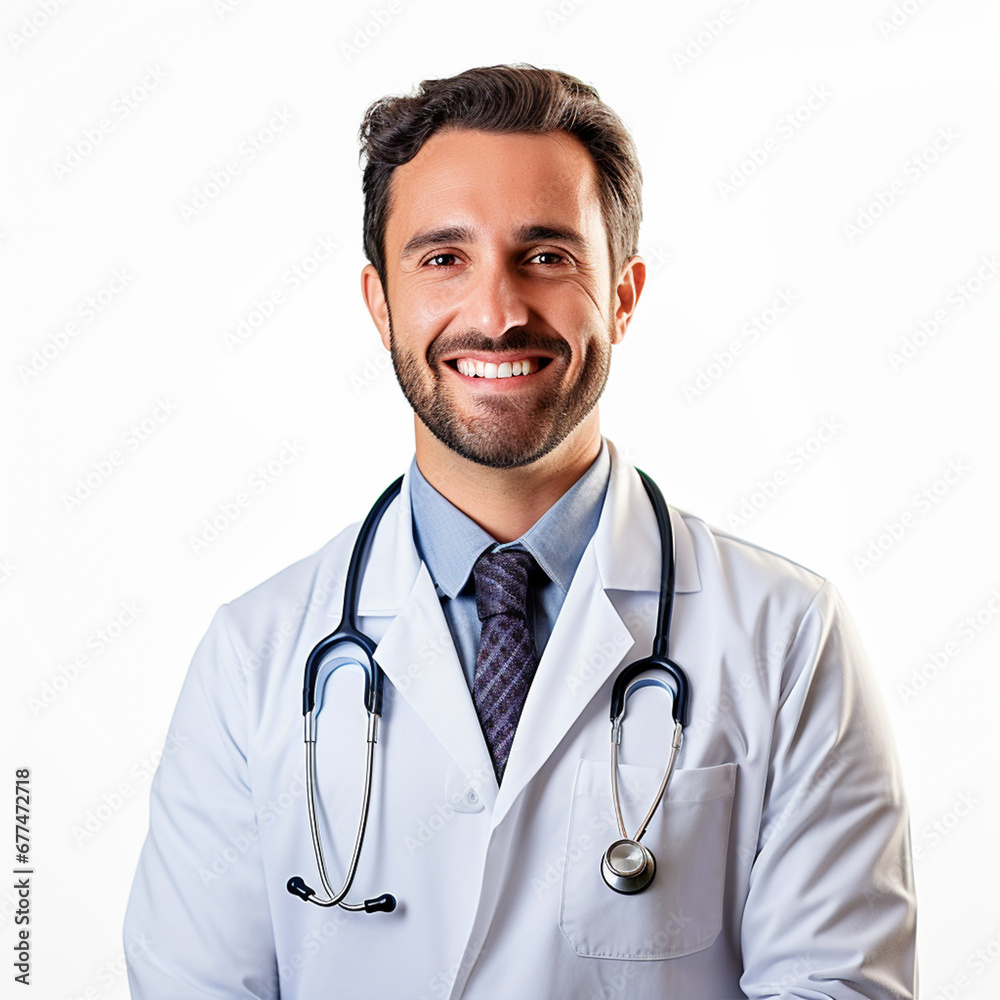 Smiling male doctor standing in front of white isolated background - ai generative Smiling male doctor standing in front of white isolated background - ai generative