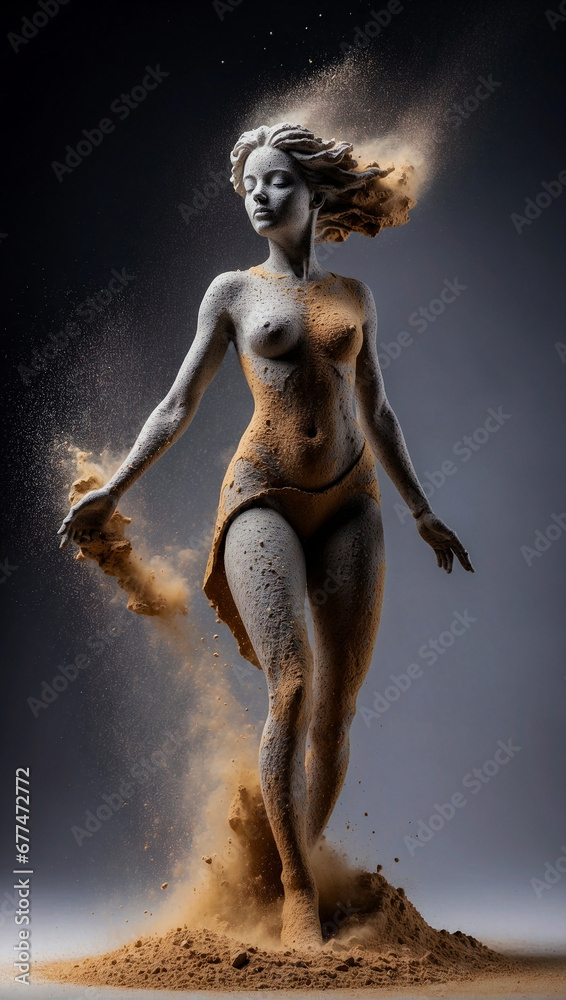 ultra detailed shot of a sculpture made of stone and sand in a female shape, full body zoomed