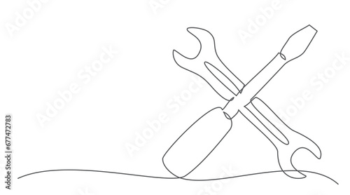 Tools One line drawing isolated on white background