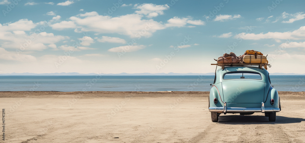 Old vintage car sits on the beach, its luggage atop a promise of adventure by the sea