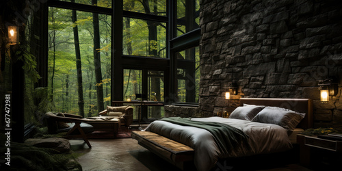 The bedroom, a hidden sanctuary in the woods, glows warmly behind the stone wall's sturdy embrace