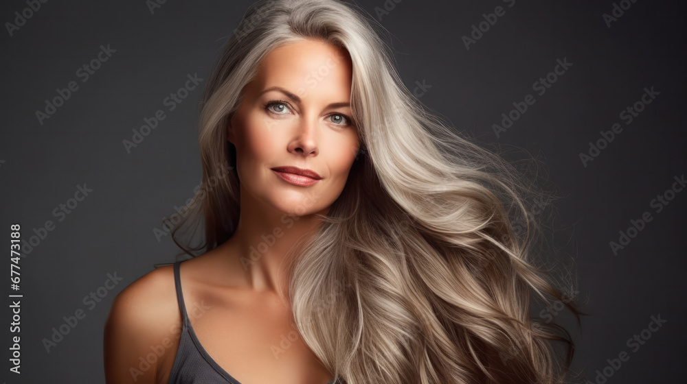 Beautiful blond girl in move with a perfectly smooth hair, and classic make-up. Beauty face. Picture taken in the studio. Beautiful blond girl in move with a perfectly smooth hair, and classic make-up. Beauty face. Picture taken in the studio.