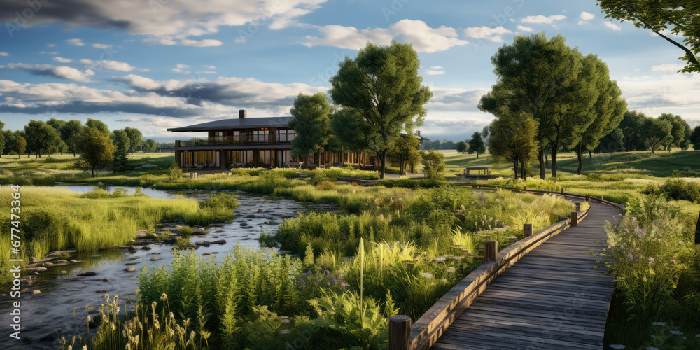 Wooden pathway meanders through the field, leading to a house nestled in nature cradle