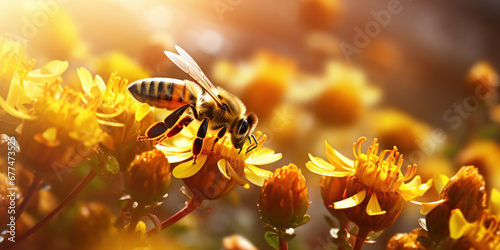 Bees are swarming on a yellow flower with sunlight behind © vectorizer88