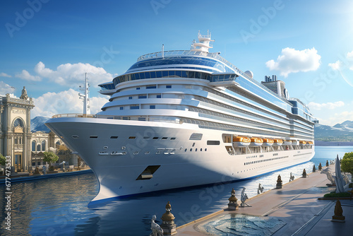 Generative AI Image of Luxury Cruise Ship Stopping at the Port in Bright Day © heartiny