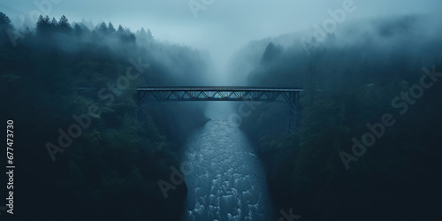 Wooden bridge arches gracefully, enveloped by a mist of blue and the gentle touch of rain photo