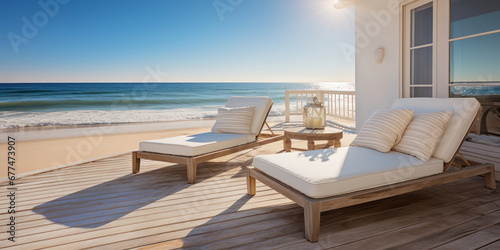Beach home with white lounge chairs and tables